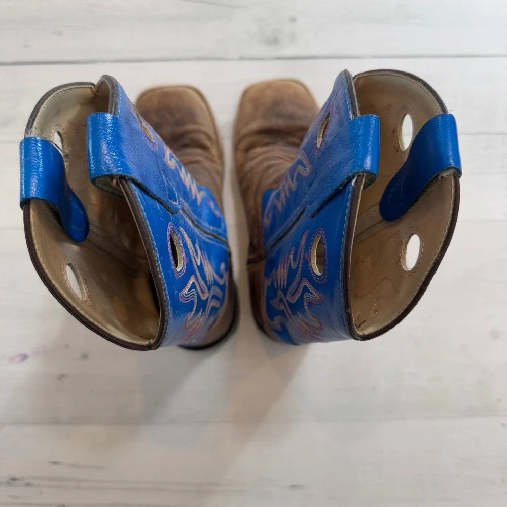 Old West Blue Brown Leather Square Toe Western Cowboy Boots kids size‎ 1.5